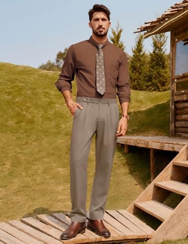 PJ PAUL JONES Men Vintage Casual Khaki Pants Lightweight Pleated Dress Pants Trousers with Pockets for Office M - Thumbnail 2