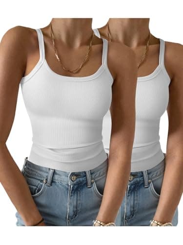 GKBK 2 Pack Womens Sleeveless Tank Top Form Fitting Spaghetti Strap Scoop Neck Ribbed Knit Workout Basic Slim Fitted Crop Summer 2026 Cami Layering Casual Shirts White 4XL