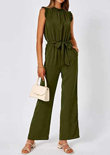 KIRUNDO Jumpsuits For Women Dressy Summer One Piece Sleeveless Ruffle Mock Neck Belt Pockets Formal Wide Leg Pants Romper(Army Green, Large) - Thumbnail 5