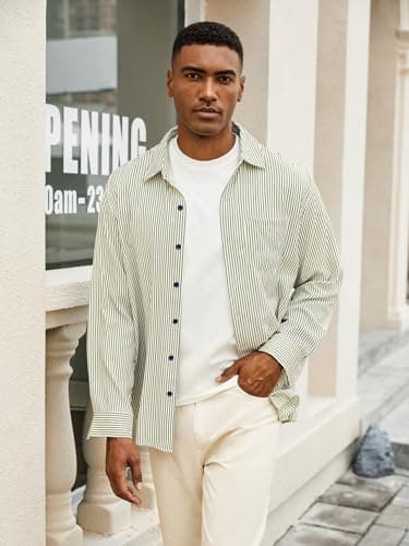 Hardaddy Men's Striped Dress Shirt Casual Long Sleeve Collared Button Down Shirts Stripe Cotton Blend White Blue Striped 3XL - Thumbnail 2