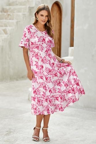 STYLEWORD Women's 2026 Summer Casual Short Sleeve Crewneck Boho Dress Flowy Maxi Maxi Beach Vacation Spring Hawaiian Dresses(Floral30,S) - Thumbnail 4