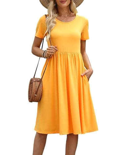 COSSEN Women's 2026 Summer Midi Dress Yellow X-Large Crew Neck Short Sleeve Casual Tshirt Sundress with Pockets Flowy Loose - Image 1