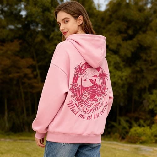 Enthowother Palm Puff Hoodie for Women, Cute Palm Pink Graphic Pullover Sweatshirt (Blue,Medium) - Thumbnail 2