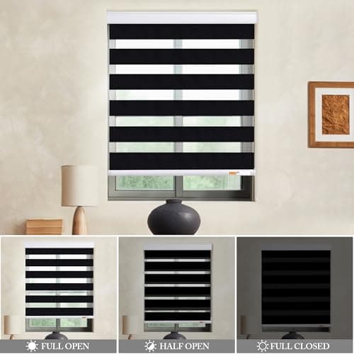 GHV Zebra Blinds for Windows Corded Blackout Dual Layer Privacy Shades Light Control for Day and Night Home Office (Black, 36 in (W) x 64 in (H)) - Thumbnail 4