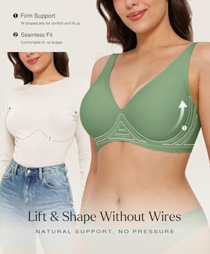 Wireless Push Up Bra Womens Bras Full Support Comfy Seamless Bralettes No Underwire Tshirt Comfortable Deep V Bra Green - Thumbnail 2