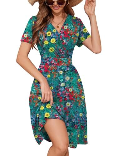Heymoments Women's Summer Comfy Swing Sundress Oil Paint Petals Large Short Sleeve Casual Midi Dress Wrap V Neck A-Line Classy Beach Vacation Teacher Dresses with Pockets - Image 1