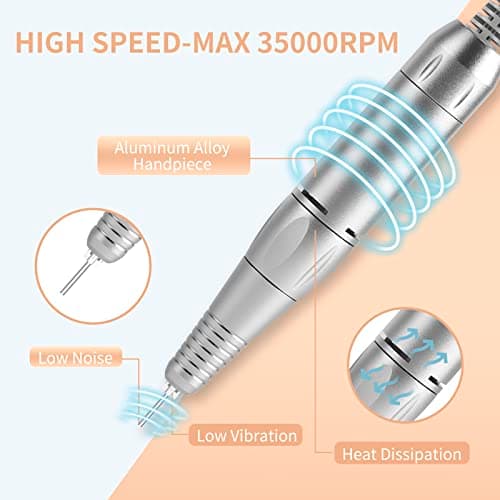 Portable Nail Drill Professional 35000 RPM, MOCOWIND Rechargeable Electric Nail File Machine E File for Acrylic Gel Polishing Removing, Cordless E-File with Bits Kit for Manicure Salon Home, Black - Thumbnail 4