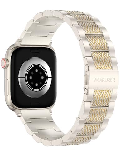 Wearlizer Stainless Steel Band Compatible with Apple Watch Band 42/41/40/38mm Men Women, Zigzag Weave Durable Metal Strap for iWatch Series 11 10 9 8 7 6 5 4 3 SE/Ultra 3 2 1-StarLight&Gold - Image 1