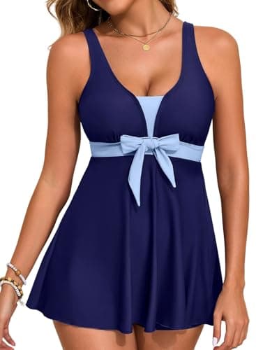 Aleumdr Women 2 Piece Padded Tankini Swimsuits Tummy Control Bathing Suits Modest Flowy Swim Top with High Waisted Shorts Navy Blue X-Large