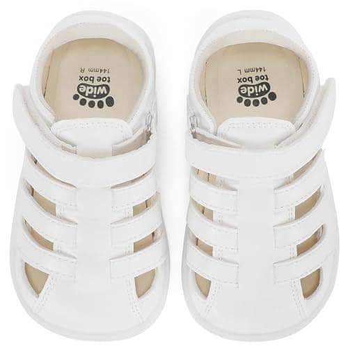 WIDE TOE BOX Zero Drop Fisherman Sandals Baby Boys Girls Leather Hook and Loop Barefoot Church Soft Walking Shoes White Size 4 - Image 1
