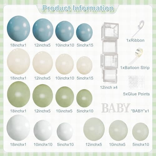 Dusty Blue Sage Green Balloon Baby Shower Decorations, 132Pcs Fog Blue Light Blue Green Sand White Balloon Arch Garland Kit Baby Box with Letters for Boho Baby Shower Gender Reveal Party Decorations - Thumbnail 2