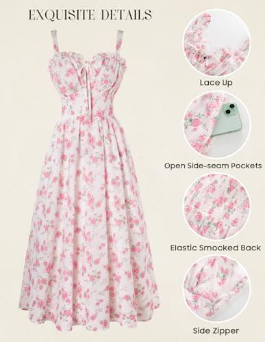 Women's 2026 Summer Floral Print Flowy A Line Dresses Milkmaid Maxi Dress with Pockets Pink Roses S - Thumbnail 4