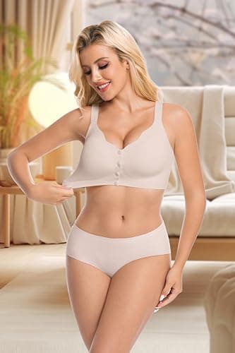 HiMONE Front Closure Bras for Women No Underwire Wireless Push Up Bra Full Coverage Comfort Lift Smoothing Everyday Bras Plus Size（Khaki-3XL） - Thumbnail 5