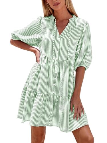 BTFBM Womens Summer Dresses 2026 Striped Mini Dress Half Sleeve Button Down Casual Flowy Beach Vacation Outfits Pockets(Green, Large) - Image 1