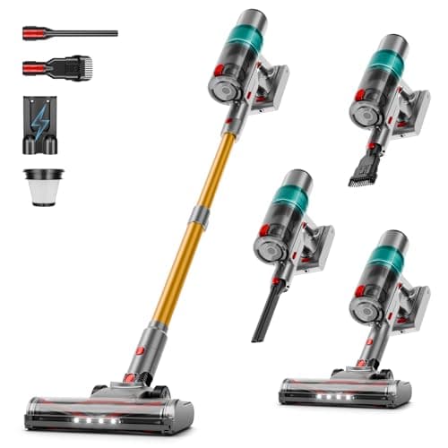 Cordless Vacuum Cleaner: Portable 6-in-1 Stick Vacuum with Anti-Tangle Brush, LED Headlight, Self-Standing, HD Display, Rechargeable Vacuum for Pet Hair, Low-Pile Carpet and Hardwood Floor-Green