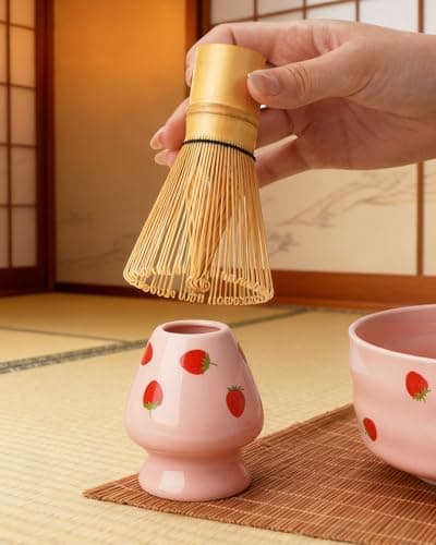 Joiish Strawberry Matcha Whisk Set, Cute Strawberry Pattern Matcha Kit, 5-PC Complete Ceremony Tea Set Gift for Women | Ceramic Bowl with Spout, Bamboo Whisk, Holder, Sifter, Scoop | Pink - Thumbnail 6