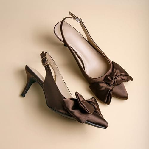 RUSAUISE Brown Heels Slingback Kitten Heels with Bow Satin Dressy Pointed Toe Pumps Work Shoes for Office Business Ballroom Evening Chocolate Size 10 - Thumbnail 4