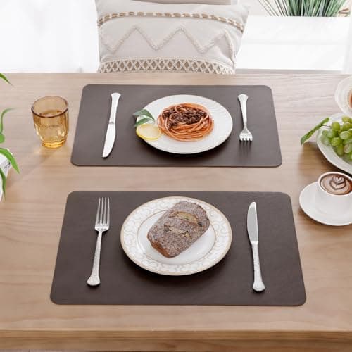 SHACOS Faux Cowhide Leather Placemats Set of 4, Wipeable Heat Resistant Table Mats, Stain Resistant Double Sided Reversible PU Place Mats for Dining Table Kitchen Restaurants, Black Coffee - Thumbnail 4