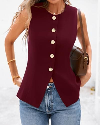 BTFBM Summer Sleeveless Blazer Vest For Women Dressy Button Down Round Neck Business Casual Outfits Work Suit Vests Tops(Burgundy, Large) - Thumbnail 5