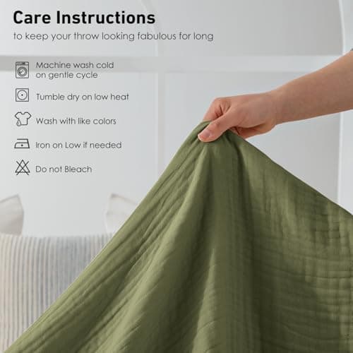 Corizei 100% Cotton Muslin Blankets for Adults Moss Green, 6-Layer Lightweight Large Throw Blanket for Couch, Pre-Washed Breathable Gauze for Bed Layering, All Season Comfort, Olive, 50"x70" - Thumbnail 6