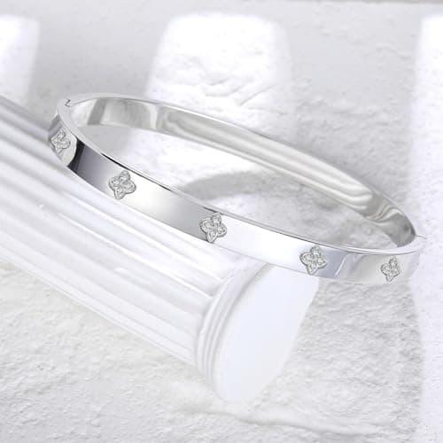 BOLAGTIER Silver Bangle Bracelets for Women Four Leaf Clover Lucky Love Cubic Zirconia Bracelet (Clover Silver-Small) - Thumbnail 3