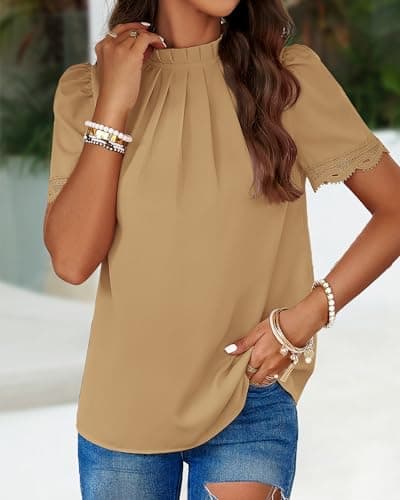 BTFBM Women Blouses Dressy Casual 2026 Summer Tops High Neck Lace Trim Short Sleeve Business Work Shirts Spring Clothes(Light Khaki, XX-Large) - Thumbnail 3