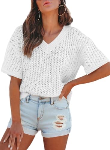 Dokotoo Womens Tops Dressy Casual Fashion 2025 Summer Comfy Short Sleeve Sexy V Neck Tunic Tops Blouses Solid Color Pullover Sweaters for Women Lightweight Baggy Hollow Out Tops White Large - Image 1