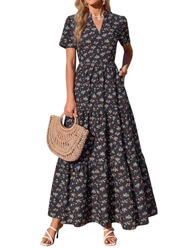 KIRUNDO Womens Summer Floral Maxi Dress Short Sleeve V Neck Boho Long Flowy Casual A Line Dresses 2026 Beach Vacation Outfits(Black Yellow Flower, Small) - Image 1