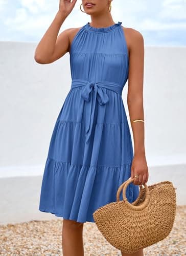 Okiwam Womens Summer Halter Dresses Sleeveless A Line Tiered Swing Mini 2025 Fall Casual Boho Beach Vacation Sundress-M Sky Blue - Thumbnail 6