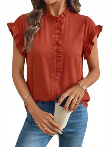 BLENCOT Women Peplum Tops Flutter Sleeve Stand Collared Button Down Shirts V Neck Blouse Ruffle Work Tops for Office Business Casual Summer Outfits Large Clay - Image 1