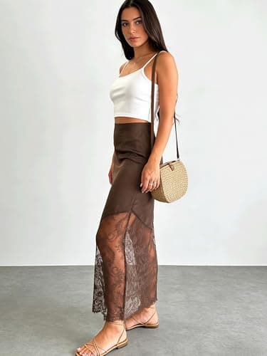 Women's 2026 Lace Patchwork Bodycon Skirt - High Waist Elegant Solid Maxi Long Skirt (US, Alpha, Medium, Regular, Regular, Brown) - Thumbnail 5