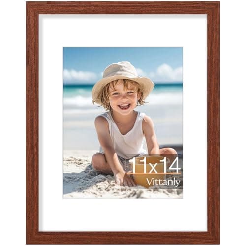 Vittanly 11x14 Picture Frame, Made of Solid Wood and Shatterproof Plexiglass, Display Pictures 8x10 with Mat or 8x10 without Mat, Wooden Photo Frame for Wall Mounting or Tabletop, Brown, 1 Pack - Image 1