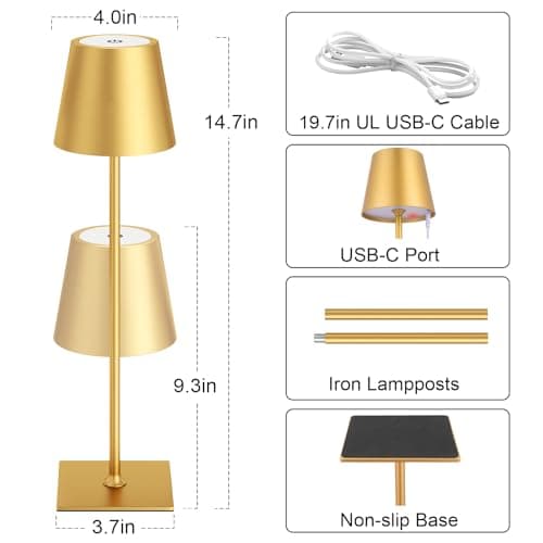 Kakanuo Gold Cordless Rechargeable Table Lamp 5000mAh Battery Operated Lamps, 3 Colors Stepless Dimming Touch Lamp for Living Room, Kitchen Counter, Dining, Outdoor Patio, 2 Pack - Thumbnail 5