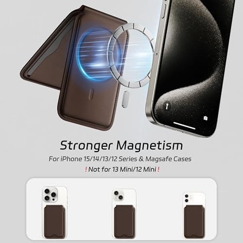 LULULOOK Magnetic Wallet Stand for iPhone, 2-in-1 Full Grain Leather Phone Wallet 3 Cards Holder w/Adjustable Stand, Fits iPhone 16/15/14/13/12 and Mag-Safe Cases, Not for Mini Models, Brown - Thumbnail 4