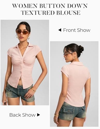 Women Textured Button Down Blouse, V-Neck Ruched Tops with Y2K Collar, Slim Fit Cap Sleeve Going Out Casual Shirt(Pink, XL) - Thumbnail 5