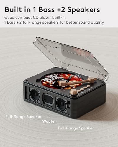 CARONSORT CD Player with Speakers Bluetooth Nostalgic Retro Portable CD Players for Home Wood Music Player FM Radio for Home Wired and Remote Control-Black - Thumbnail 2