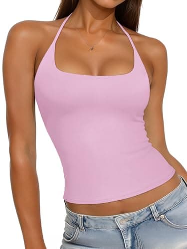 REORIA Womens Sexy Halter Backless Tank Tops Square Neck Camisole Crop Tops Basic Double Lined Sleeveless Shirts Y2K Trendy Going Out Tops, Light Pink Large - Image 1