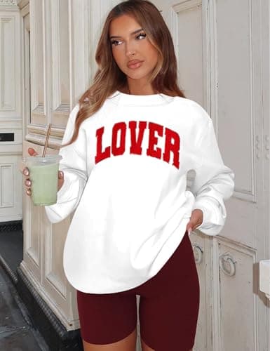LETSEE Women Valentine Sweatshirt Glitter Patch Lover Letter Pullover Tops Crewneck Lover Chenille Patch Long Sleeve Tops(White, XX-Large) - Thumbnail 3