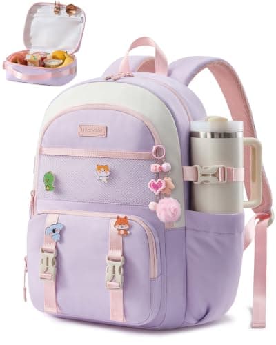 LOVEVOOK Cute School Backpack for Girls Ages 8-14 with Lunch Bag, Bookbag with Cartoon Charms & Pins, Back to School Backpack for Elementary & Middle School, Fits 15.6 Inch Laptop and 40oz Tumbler - Image 1