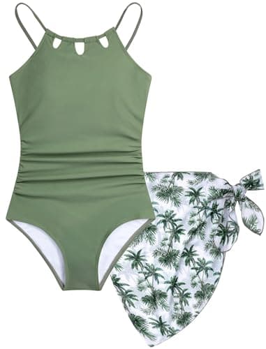 Girls Swimsuit Size 8 Kids One-Piece Bathing Suits Hawaiian Olive Green Palm Trajes De Baño para Niñas Juniors Swim Cover Up Skirt Tropical Cut Out Adjustable Straps Quick Dry Modest Swimwear Set - Image 1
