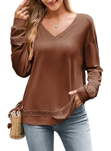 Dokotoo Long Sleeve Shirts for Women Blouses 2026 Spring Clothes Ladies Casual V Neck Loose Fit Pullover Tops Comfy Basic Tee Clothing Fashion Spring Tops Trendy Plus Size Blouse Brown Medium - Image 1