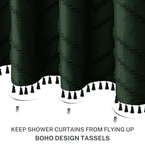 Siiluminisoy Dark Green Boho Shower Curtain with Tassel Woven Fabric Shower Curtain 72 x 72 Modern Farmhouse Textured Tufted Chevron Striped Minimalist Shower Curtains for Bathroom - Thumbnail 3