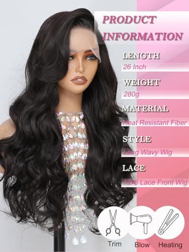 Barbique Synthetic Lace Front Wig for Women, Natural Black Synthetic Wig 13x6 Hd Lace Front 26 Inch Long Wavy Heat Resistant Fiber Deep Parting with Baby Hair Natural Hairline - Thumbnail 2