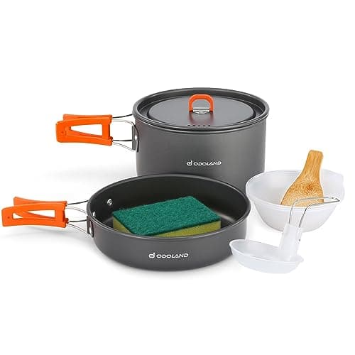 Odoland 9pcs Camping Cookware Non-Stick Lightweight Camping Pots and Pans Set with Plastic Bowls Soup Spoon for Camping, Backpacking, Outdoor Cooking and Picnic