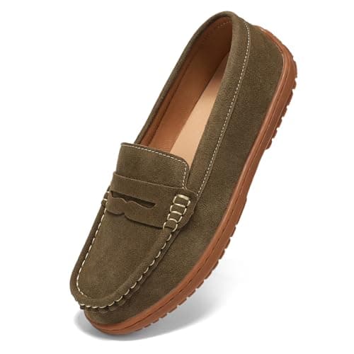 BEAUSEEN Women's Penny Loafers Slip-On - Lightweight Breathable Suede Driving Moccasins,Cute Business Casual Dress Shoes for Work & Travel Olive, 10 US - Image 1