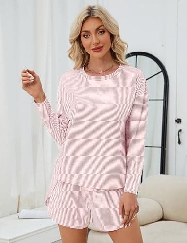 JUSTFASHIONNOW Womens Pajama Sets Long Sleeve Top and Split Shorts Striped Two Piece Lounge Set Cozy Loungewear Crew Neck Sleepwear Soft Pjs Fall Winter Cute Outfits (Pink, Small) - Thumbnail 4