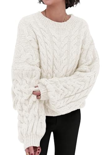 PRETTYGARDEN Womens Sweaters Fall 2026 Cable Knit Long Sleeve Crewneck Oversized Sweater Chunky Pullover Loose Outfits (Beige White, Medium) - Image 1