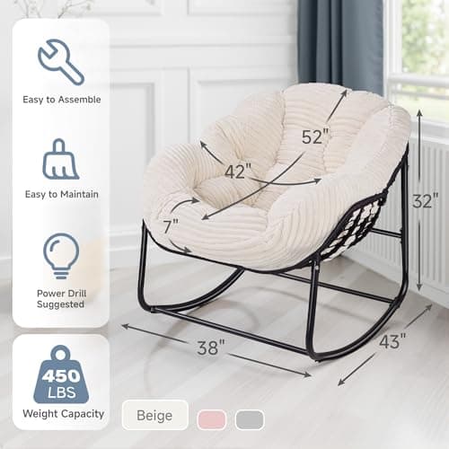 Halituny Indoor Rocking Chair, Oversized Outdoor Lounge Chair with Thick Corduroy Cushion & Straps, Wicker Modern Comfy Rocker Egg Chair for Living Room, Bedroom, Porch and Courtyard, Beige - Thumbnail 2