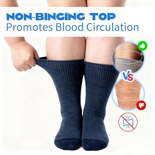 Forcool 3 Pairs Merino Wool Diabetic Crew Socks Loose Top Extra Wide Non-Binding Cushioned for Men and Women, Black+Khaki+Denim blue, Medium - Thumbnail 3