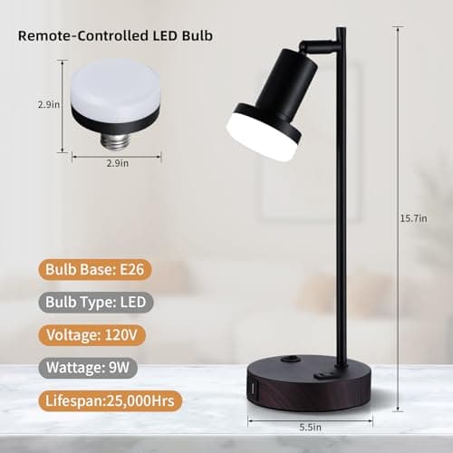 Lsctiff Industrial Table Lamp with Remote Control for Stepless Dimmer & Temperatures, Bedside Lamp with USB C+A Ports and AC Outlet, Flexible Head-Desk Lamp for Bedroom, Living Room, Office (Walnut) - Thumbnail 6